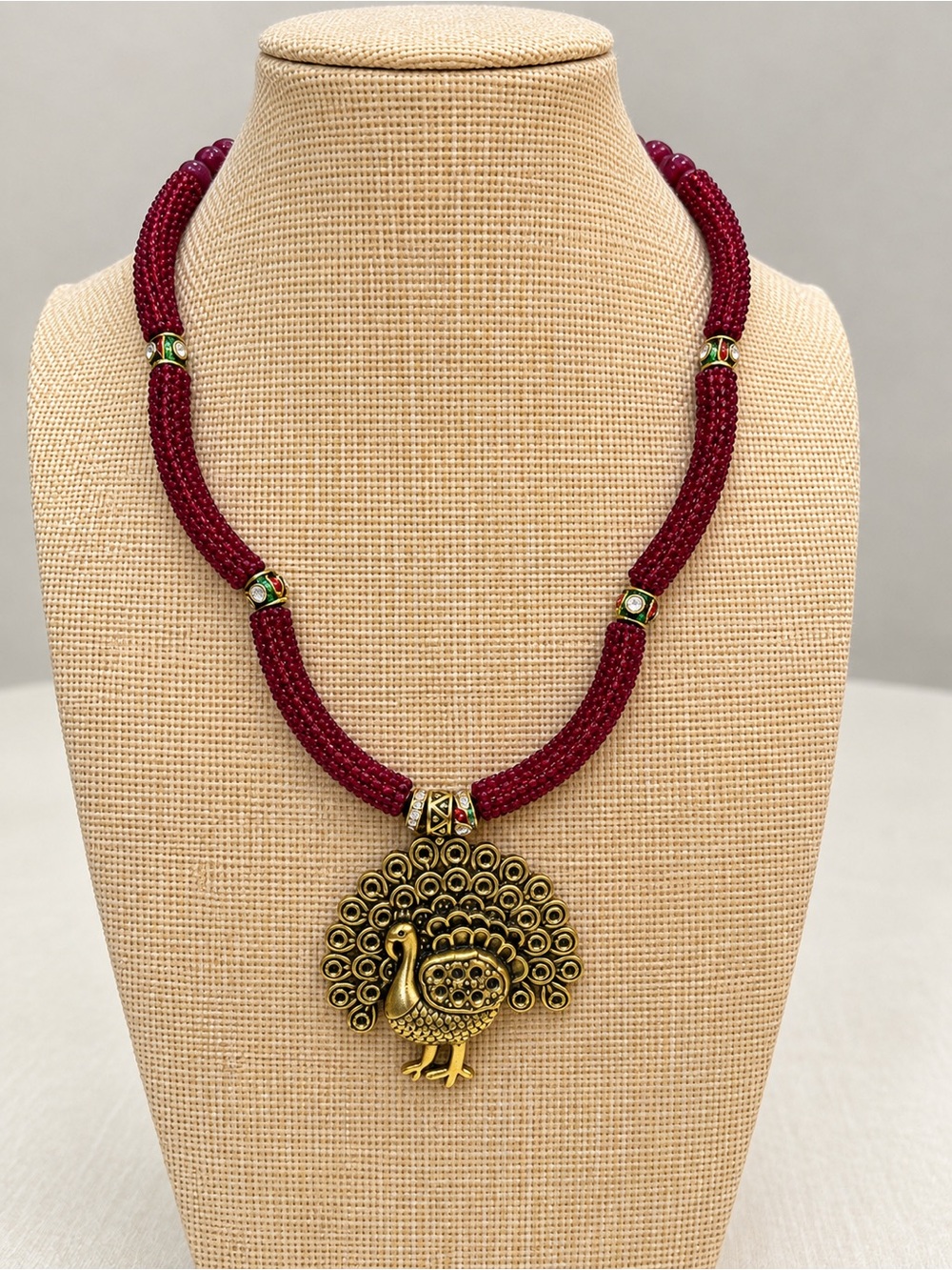Antique Gold Tone Indian Peacock Pendant Necklace with Burgundy Beads